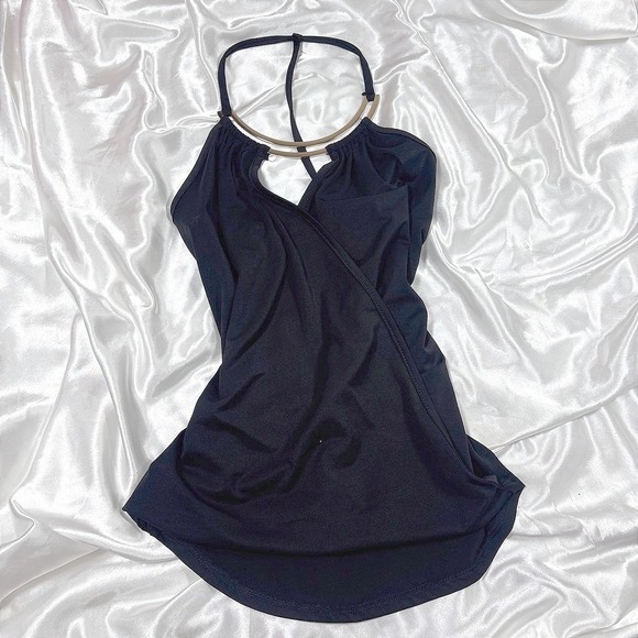 Body Central Tops - y2k Halter Top Black Body Central Gold Ring Neck Wrap Front YUF791AM A1